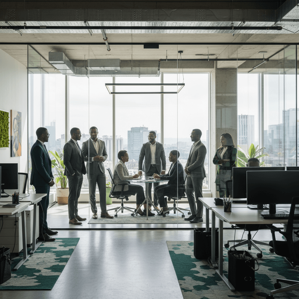 Diverse African professionals in a modern corporate office environment representing various career fields