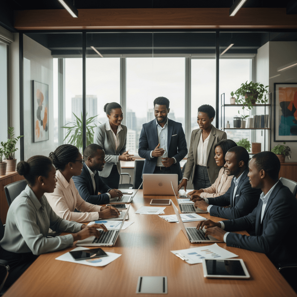 Diverse African office professionals collaborating around a conference table in a modern corporate environment