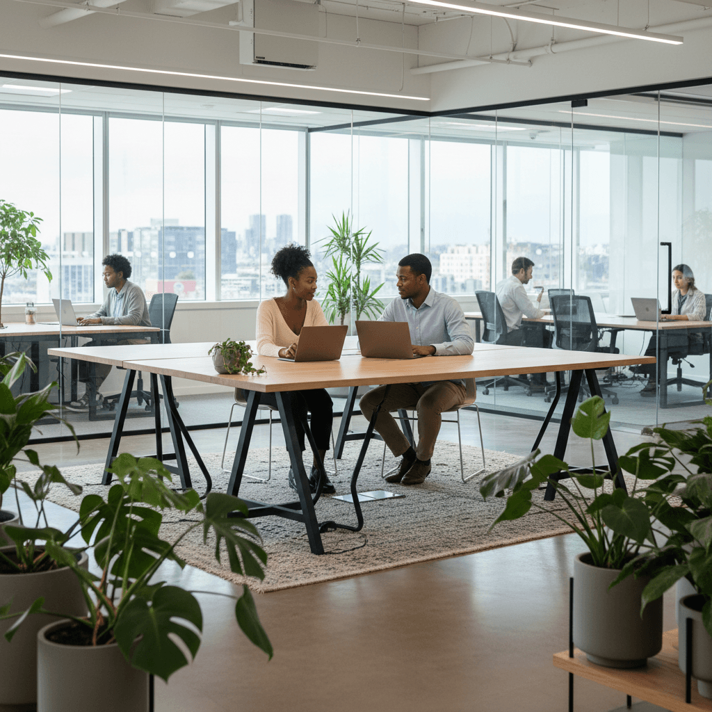 Young African professionals working together with laptops in a modern open plan office